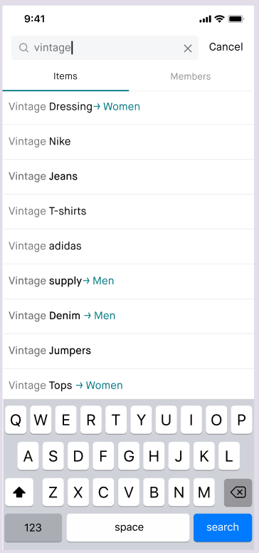 Scoped suggestions mockup showing 'vintage' query with category scopes