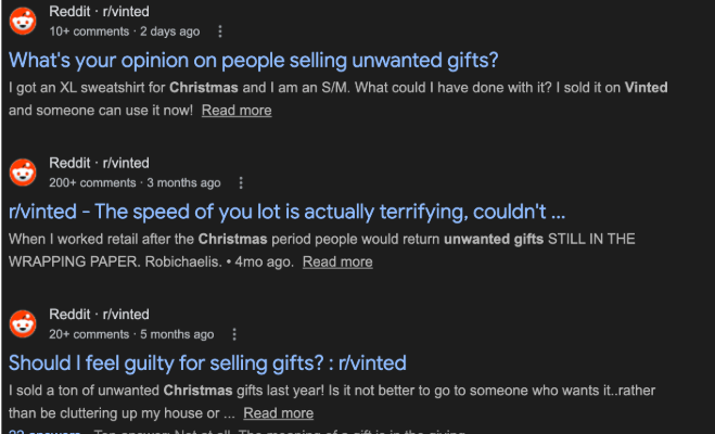 r/vinted threads discussing selling unwanted Christmas gifts
