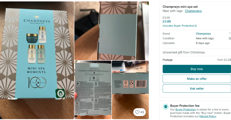 A Champneys mini spa set listed on Vinted, labelled 'Unwanted gift from Christmas'